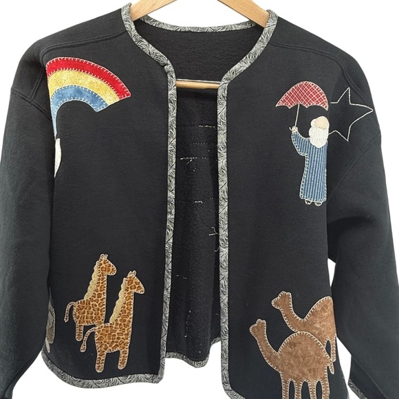 Jackets & Blazers - Unique Black Fleece Jacket Noah's Ark‎ Animals Rainbow Applique Open Front Women